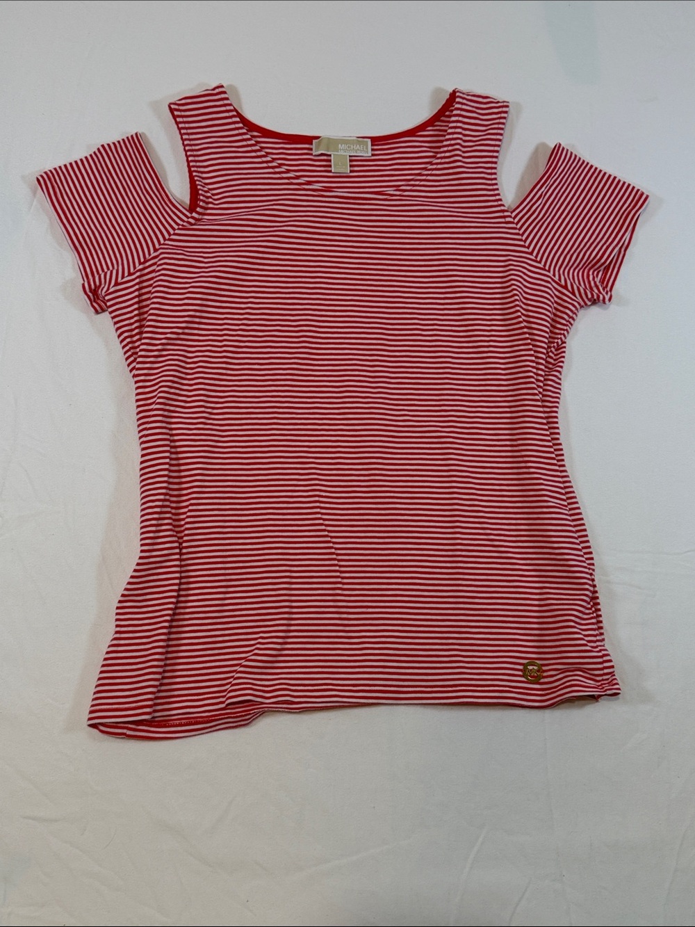 Michael Kors Orange and White Striped Cold-Shoulder Tee